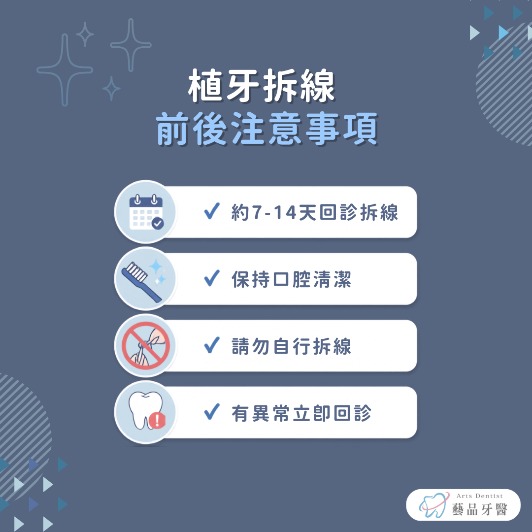 植牙拆線前後注意事項，包含約7至14天拆線、保持口腔清潔、不要自行拆線及異常立即回診